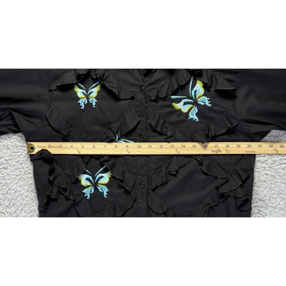 Michael Simon Womens Small Black Embroidered Blue Butterflies Button Down Up Top - Picture 7 of 12